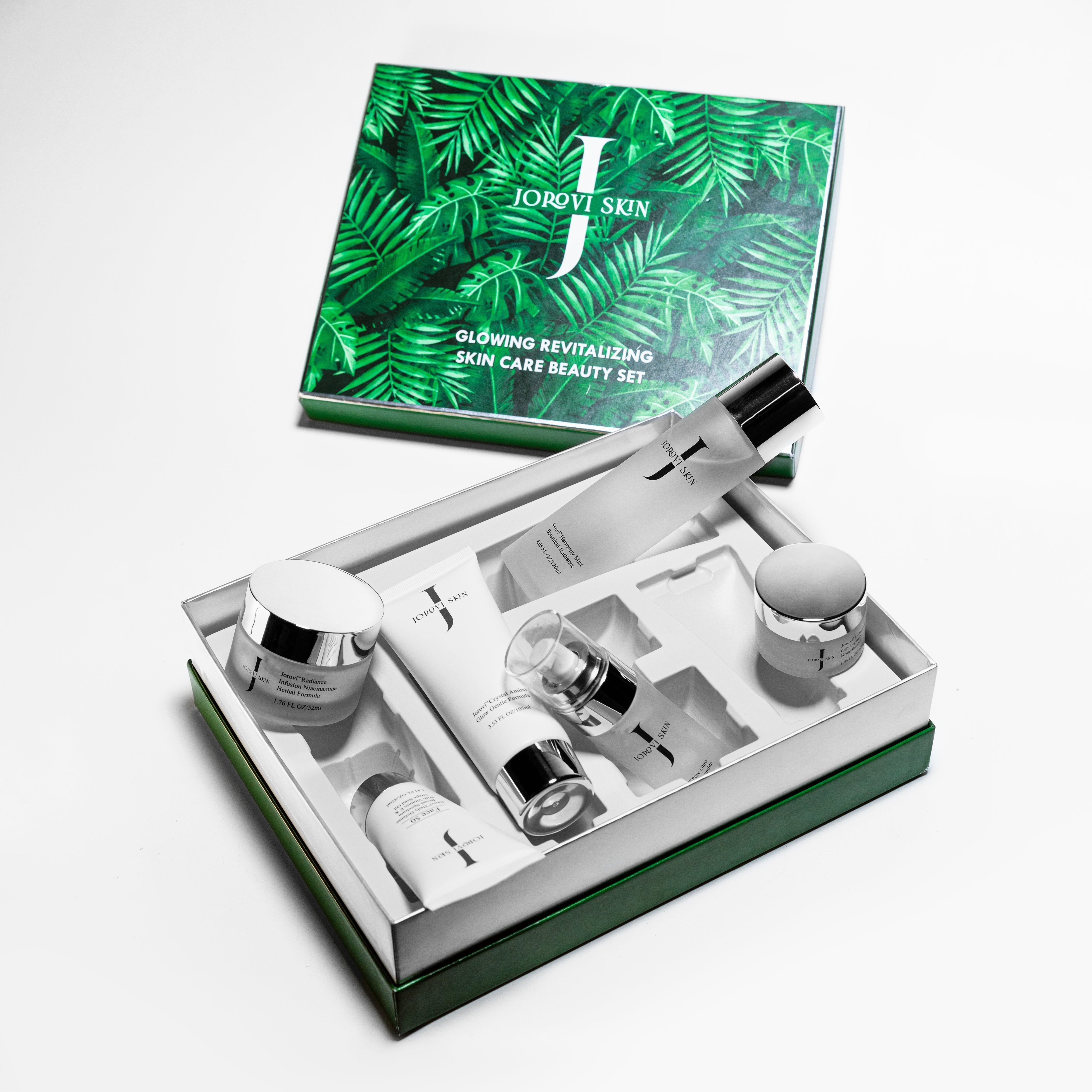 Jorovi Beauty Set featuring six essential skincare products — cleanser, toner, serum, eye cream, moisturizer, and sunscreen — arranged on a clean, neutral background.